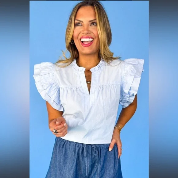 Blue Split Frill Neck Ruffle Layer
Sleeve Top NWT - Picture 1 of 6